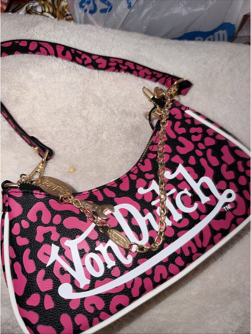 New Von Dutch Pink & Black  Animal Print Shoulder Bag W/ Chain Rare NWT